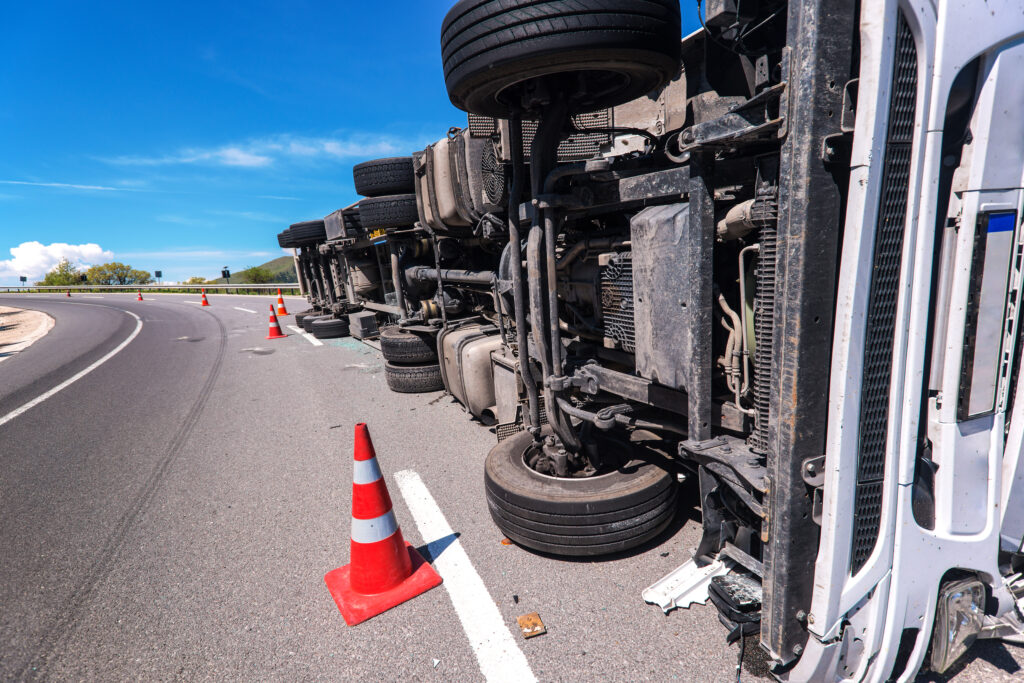 Semi Truck on its side after an accident