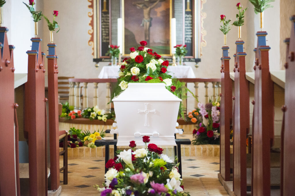 coffin in a church for a funeral