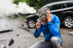 man on the phone filing a police report after automobile accident happened