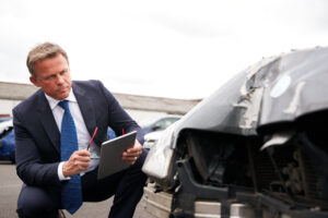 Male Insurance Loss Adjuster With Digital Tablet Inspecting Damage To Car From Motor Accident